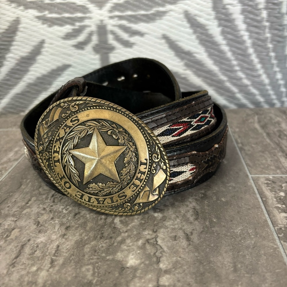 Vtg Tony Lama State of Texas Brass Buckle Western Leather Belt Concho 48” Aztec - Picture 1 of 14